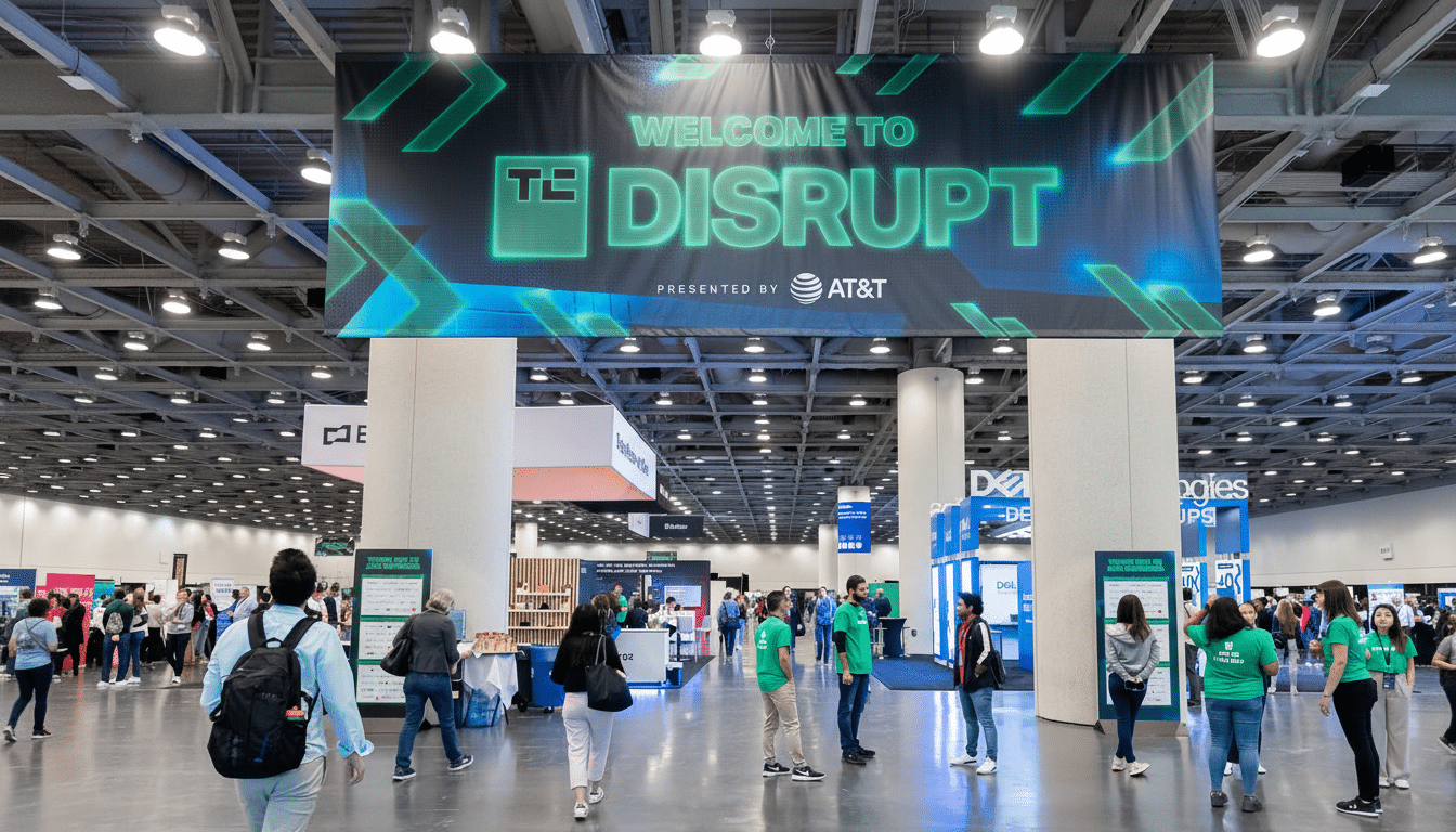 A large banner welcoming attendees to Dis rupt, presented by AT& T, hangs above a busy event floor with numerous people walking around.