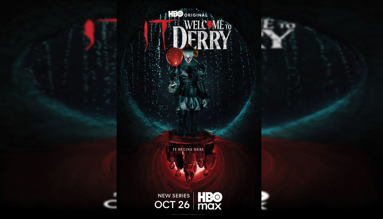 A 16:9 aspect ratio image of the Welcome to Derry poster, featuring Pennywise the clown holding a red balloon in a dark, wet sewer tunnel, with the reflection of children below. The original background is maintained.
