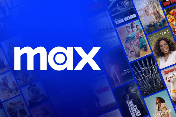 The Max streaming service logo in white against a blue background with a collage of various show and movie titles on the right, including Game of Thrones, The Last of Us, and Sesame Street.