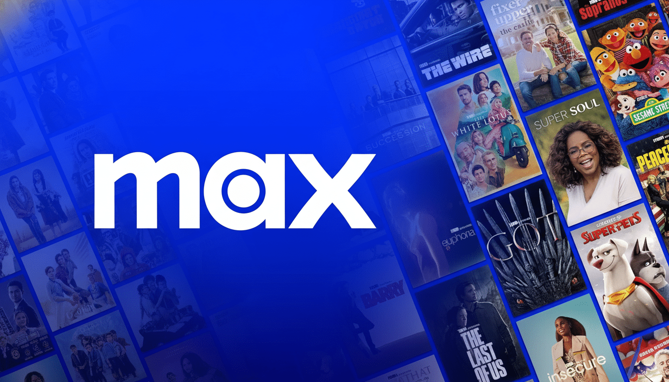 The Max streaming service logo in white against a blue background with a collage of various show and movie titles on the right, including Game of Thrones, The Last of Us, and Sesame Street.