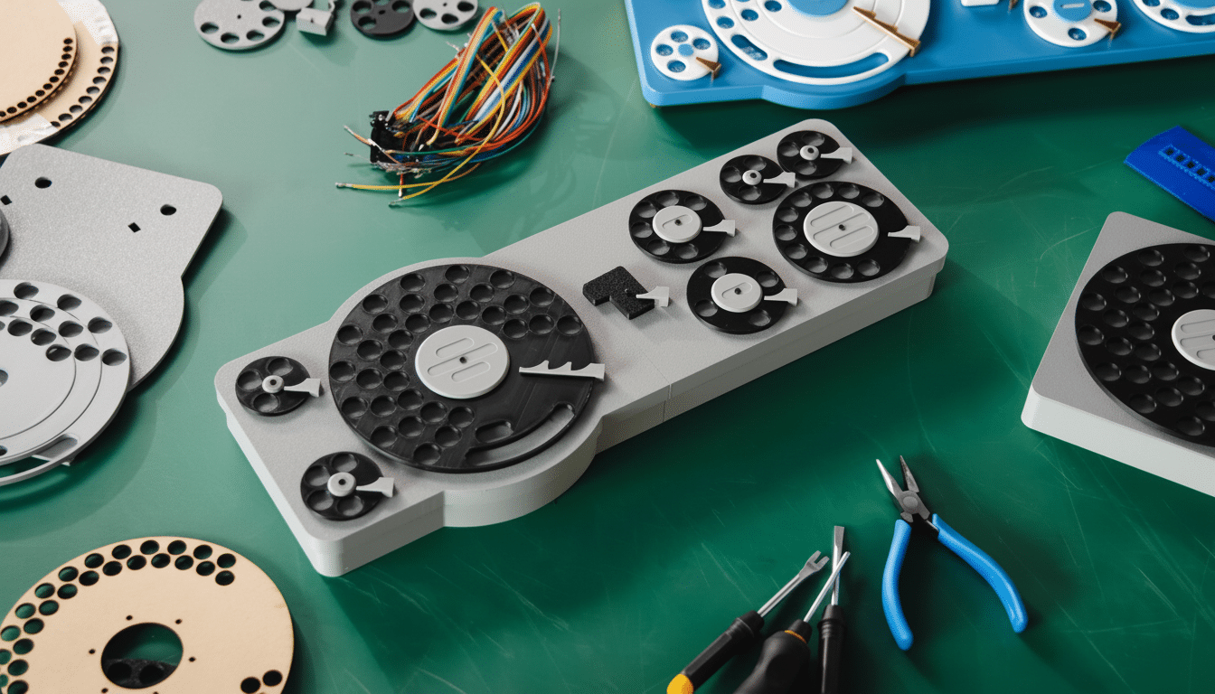 An overhead shot of a custom -built, grey, black, and white mechanical device with multiple circular components, resembling a unique control panel or