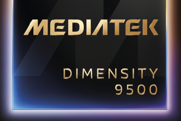A professional image of the MediaTek Dimensity 9 500 logo on a dark background with subtle blue and purple glowing edges, resized to a 16: 9 aspect ratio.