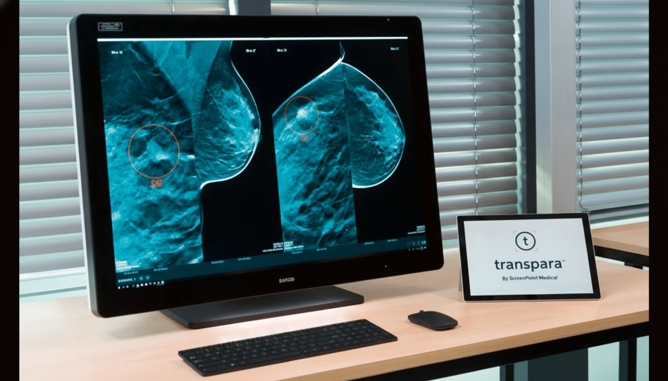 A professional medical workstation displaying breast mammograms on a large monitor and a tablet showing the transpara logo by ScreenPoint Medical.