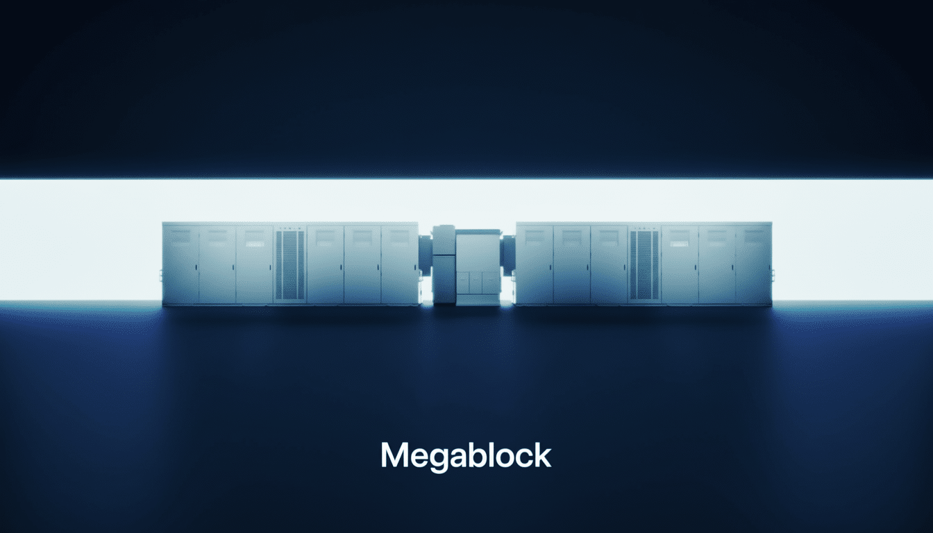 A row of server racks labeled Megablock in a data center environment with a glowing white light behind them.