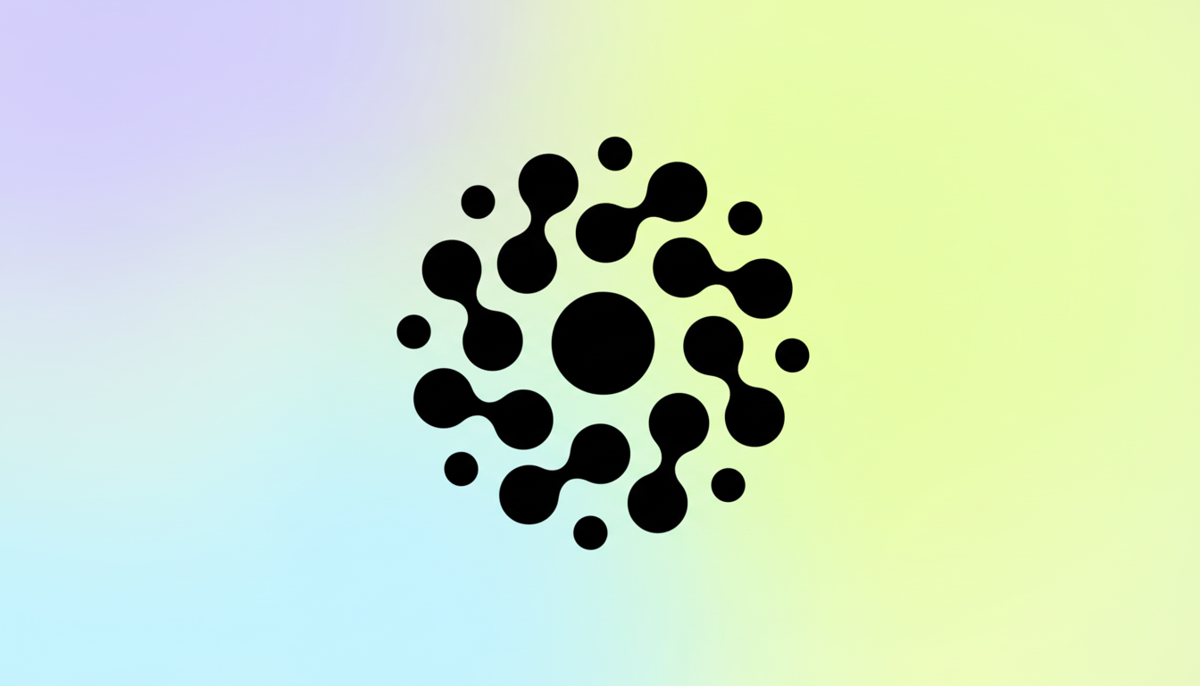 A black abstract logo resembling connected circles and ovals, arranged in a circular pattern around a central dot, set against a soft gradient background of light blue and yellow.