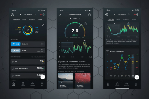 Three mobile app screenshots displaying health and fitness data, including recovery, stress monitoring, and strain/ recovery metrics.