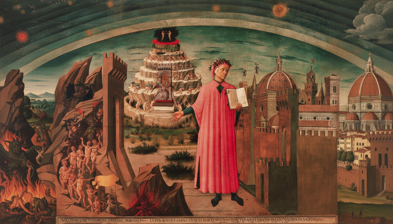 A painting depicting Dante Alighieri in a red robe, standing between scenes of hell on the left and the city of Florence on the right, with a mountain of purgatory in the background, resized to a 16:9 aspect ratio.