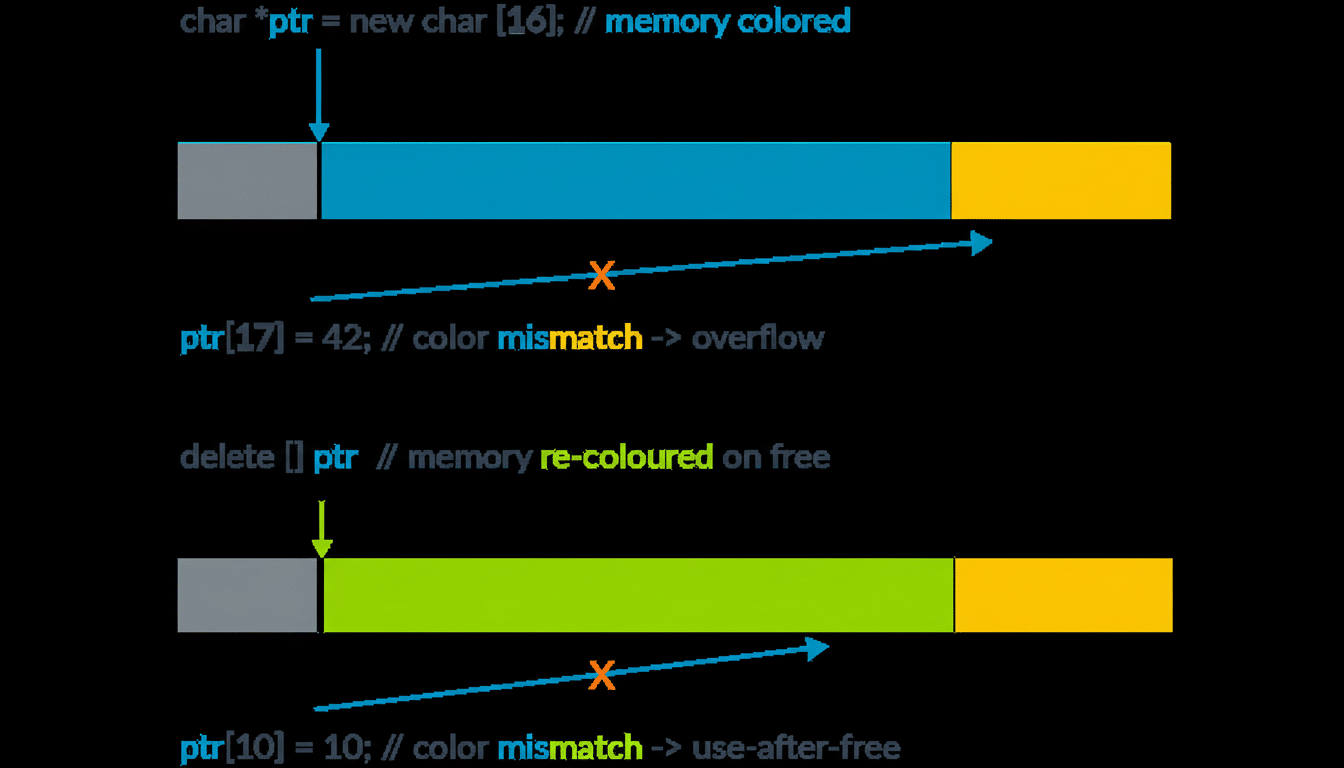 A diagram illustrating memory allocation errors, specifically an overflow and a use-after- free error, with colored memory blocks and text explaining