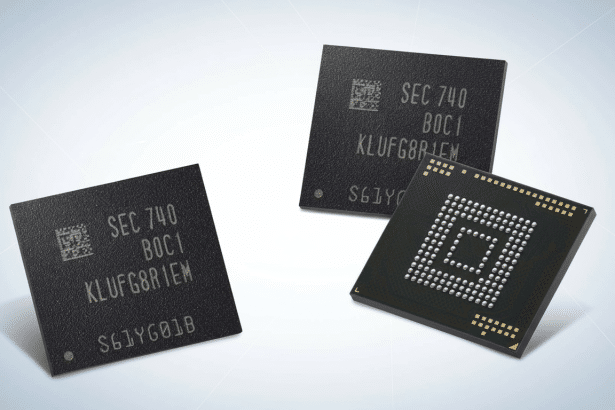 Three black rectangular memory chips, two facing up with text and one facing down revealing its pin array, on a subtle white and grey gradient backgro