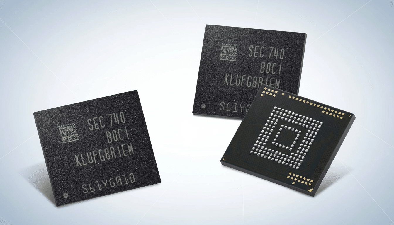 Three black rectangular memory chips, two facing up with text and one facing down revealing its pin array, on a subtle white and grey gradient backgro