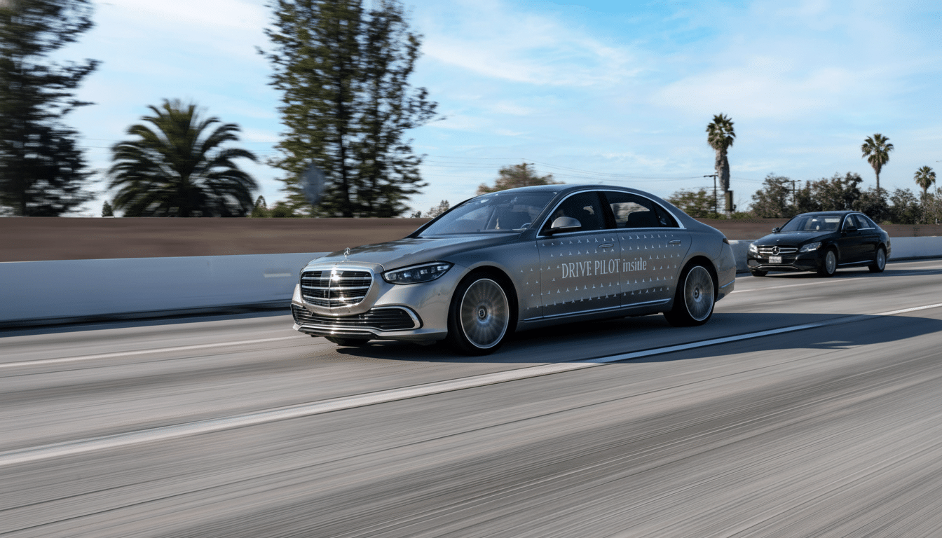 A silver Mercedes-Benz S-Class sedan with DRIVE PILOT inside text on its side , driving on a highway with palm trees in the background, resized to 16 :9 aspect ratio .