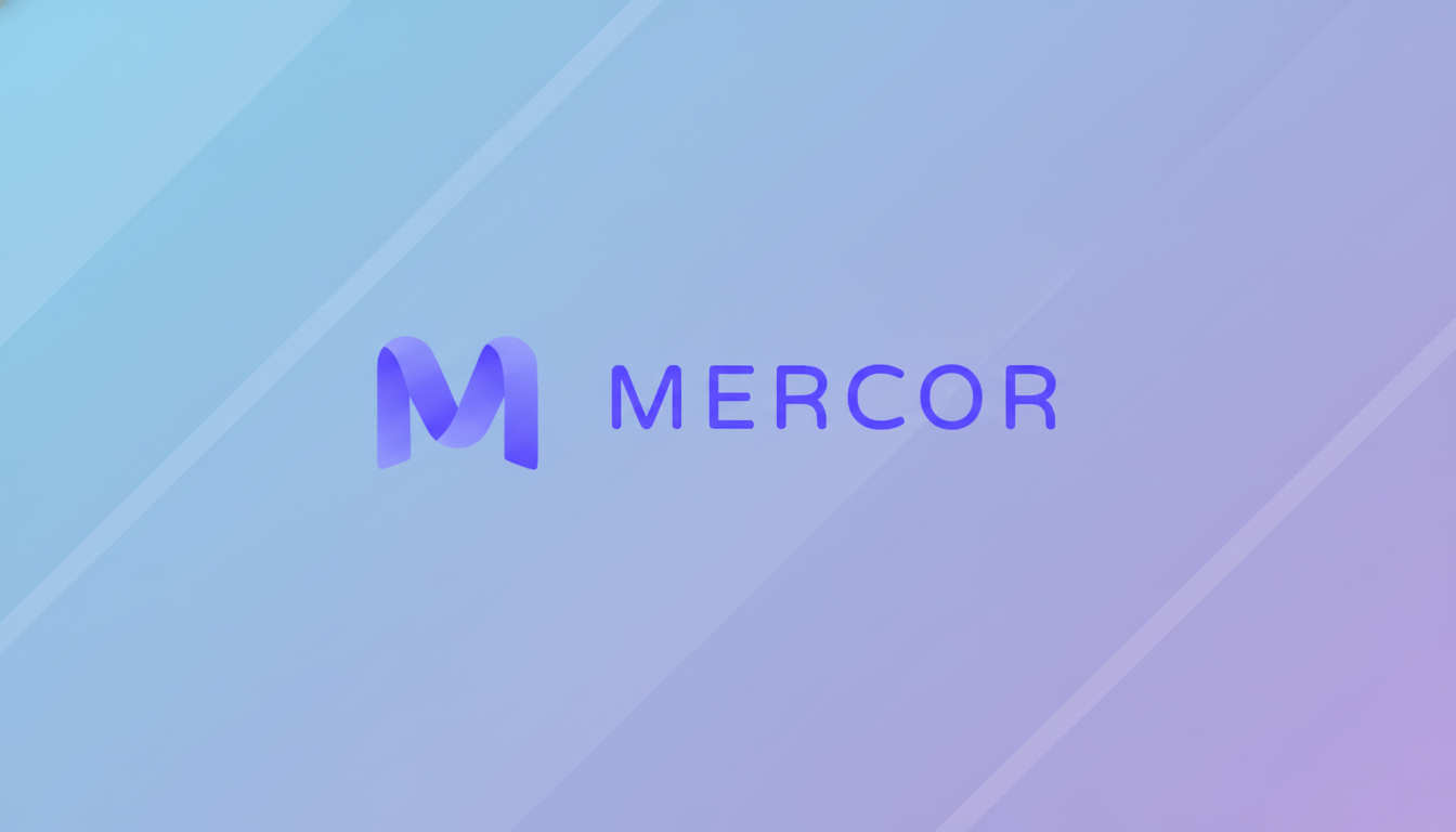 The Mercor logo, featuring a stylized purple M and the word MERCOR in purple text, set against a professional flat design background with soft blue and purple gradients and subtle diagonal patterns.