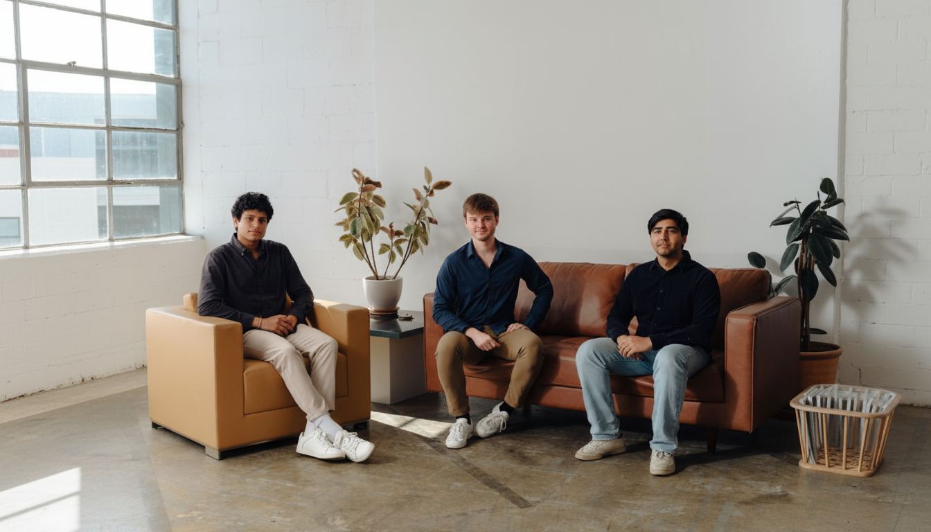 Three young men sitting in a minimalist office space, resized to a 16:9 aspect ratio.