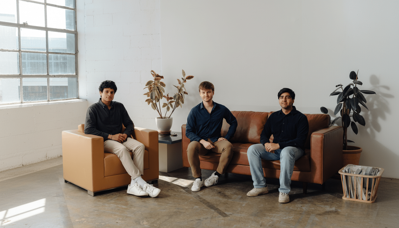 Three young men sit casually in a well -lit, industrial -style room with a large window. One man sits in a tan armchair to the left, and the other two