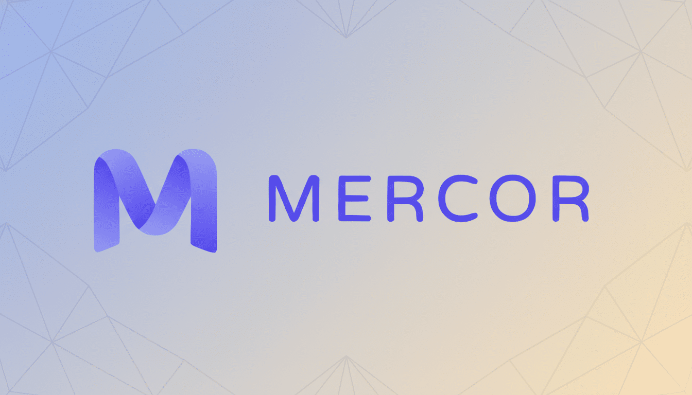 Mercor logo with a purple M and the word MERCOR in a professional flat design background with soft blue and orange gradients and subtle geometric patt
