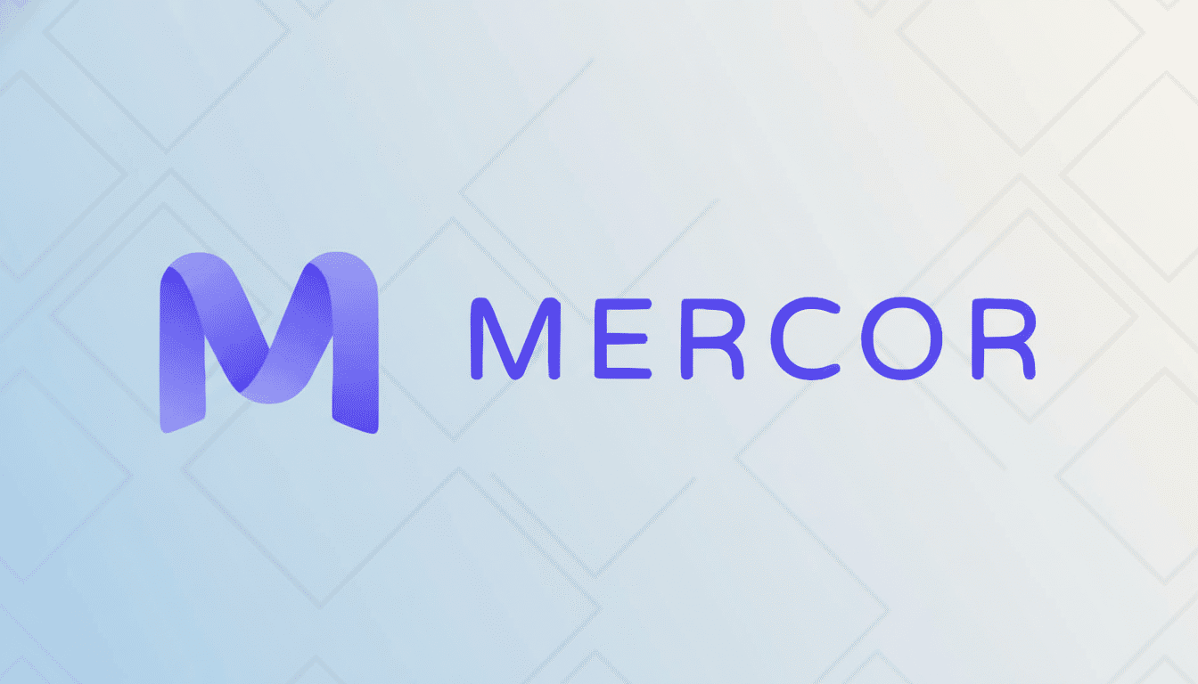 The Merc or logo with a purple M and M ERCOR text, against a light blue and white gradient background with subtle geometric patterns.
