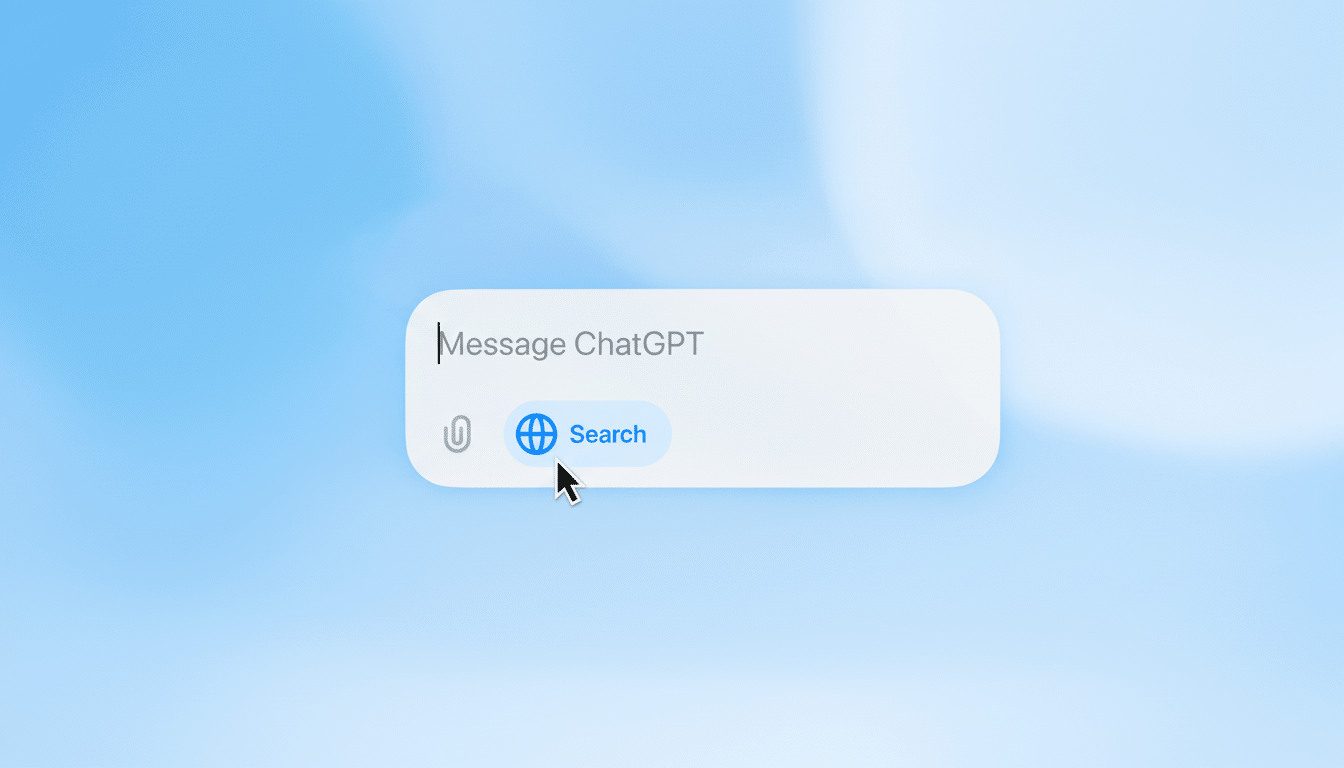 A professional 16:9 image showing a message input box labeled Message ChatGPT with a search button featuring a globe icon.