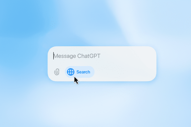 A professional 16:9 image showing a message input box labeled Message ChatGPT with a search button featuring a globe icon.