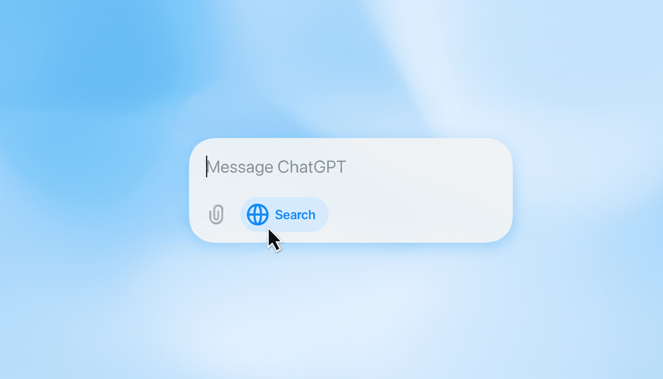 A professional 16:9 image showing a message input box labeled Message ChatGPT with a search button featuring a globe icon.