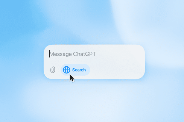 A professional 16:9 image showing a message input field with Message ChatGPT placeholder text, a paper clip icon, and a blue search button with a globe icon. A mouse cursor points to the search button. Filename : message chatgpt searchfield .png