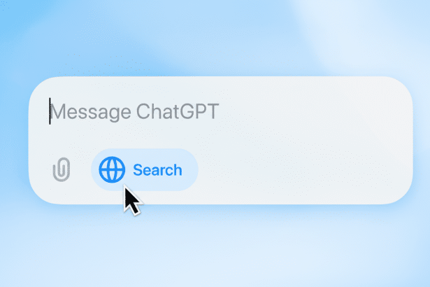 A professional 16:9 image showing a message input field with Message ChatGPT and a search button featuring a globe icon.