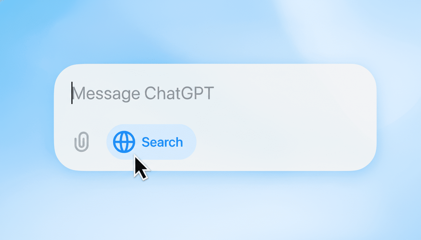 A professional 16:9 image showing a message input field with Message ChatGPT and a search button featuring a globe icon.