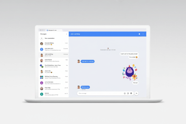 A laptop displaying a web application for messages , showing a conversation with Jake Leichtling and a colorful animated sticker of a monster .