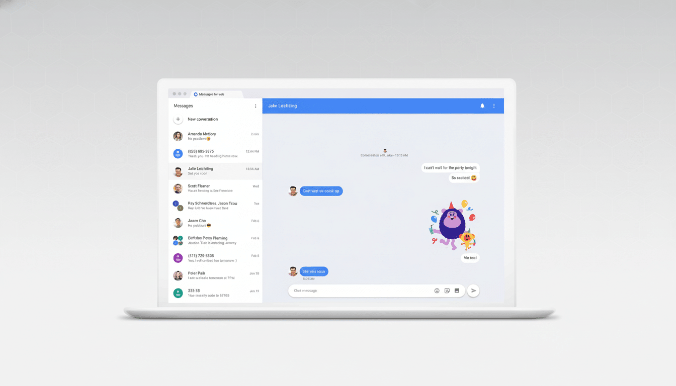 A laptop displaying a web application for messages , showing a conversation with Jake Leichtling and a colorful animated sticker of a monster .