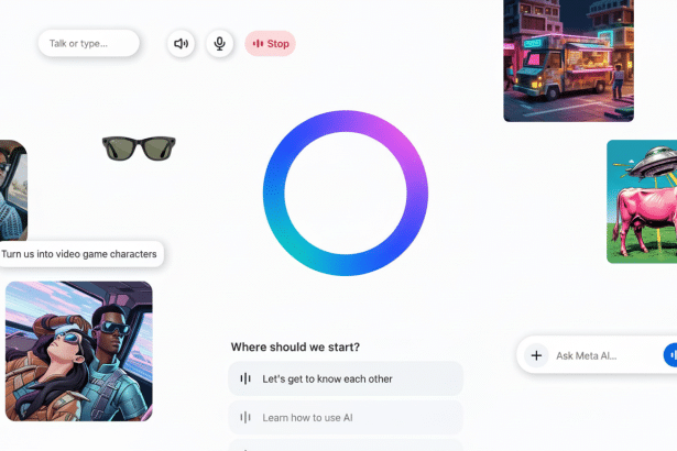 A clean , professionally enhanced image of a Meta AI interface with various visual elements, resized to a 16: 9 aspect ratio. The interface shows options for interaction, along with small illustrative images including a food truck, sunglasses , a pink cow with a UFO, and a stylized couple in a car.