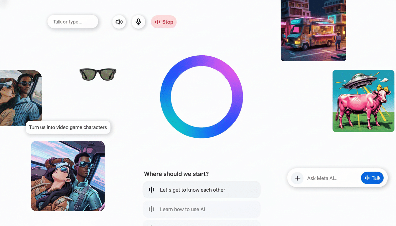 A clean , professionally enhanced image of a Meta AI interface with various visual elements, resized to a 16: 9 aspect ratio. The interface shows options for interaction, along with small illustrative images including a food truck, sunglasses , a pink cow with a UFO, and a stylized couple in a car.