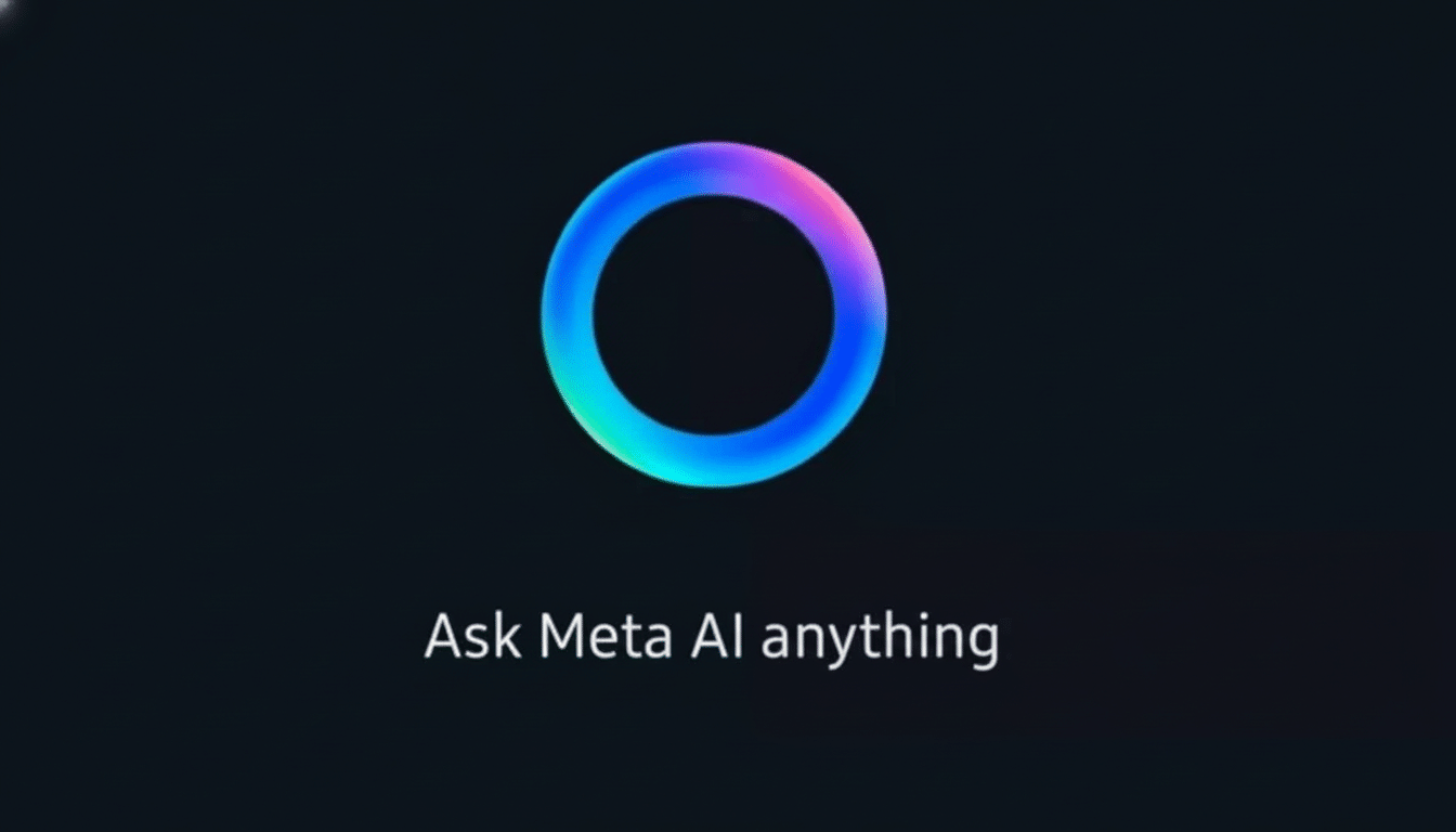 The Meta AI logo, a colorful gradient ring , is centered on a dark background above the text Ask Meta AI anything.