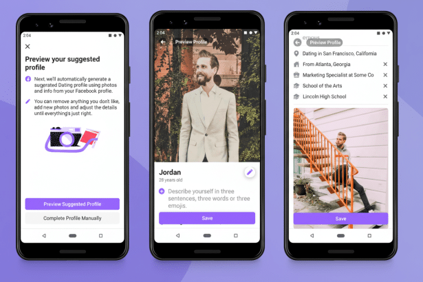 A 16:9 aspect ratio image showing three screenshots of a mobile app interface on black smartphones . The left screen shows a Preview your suggested profile page with text and an icon of a camera and heart . The middle screen shows a profile preview with a man named Jordan, 28 years old, and options to describe himself. The right screen shows a profile detail page with location , job, and education details, and another image of Jordan sitting on orange stairs. Filename : mobile appprofile screens . png