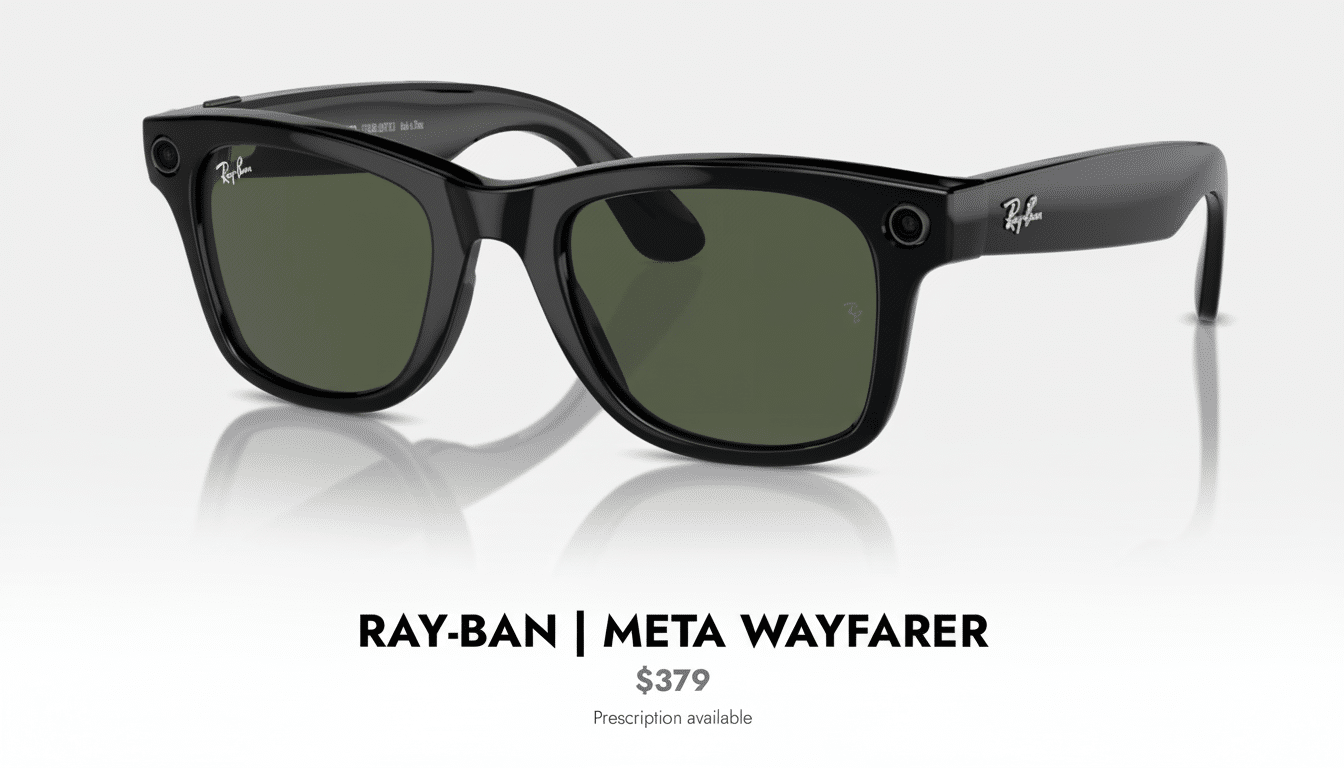 Black Ray -Ban Meta Way farer smart glasses with dark green lenses, presented against a professional background with a subtle gradient.