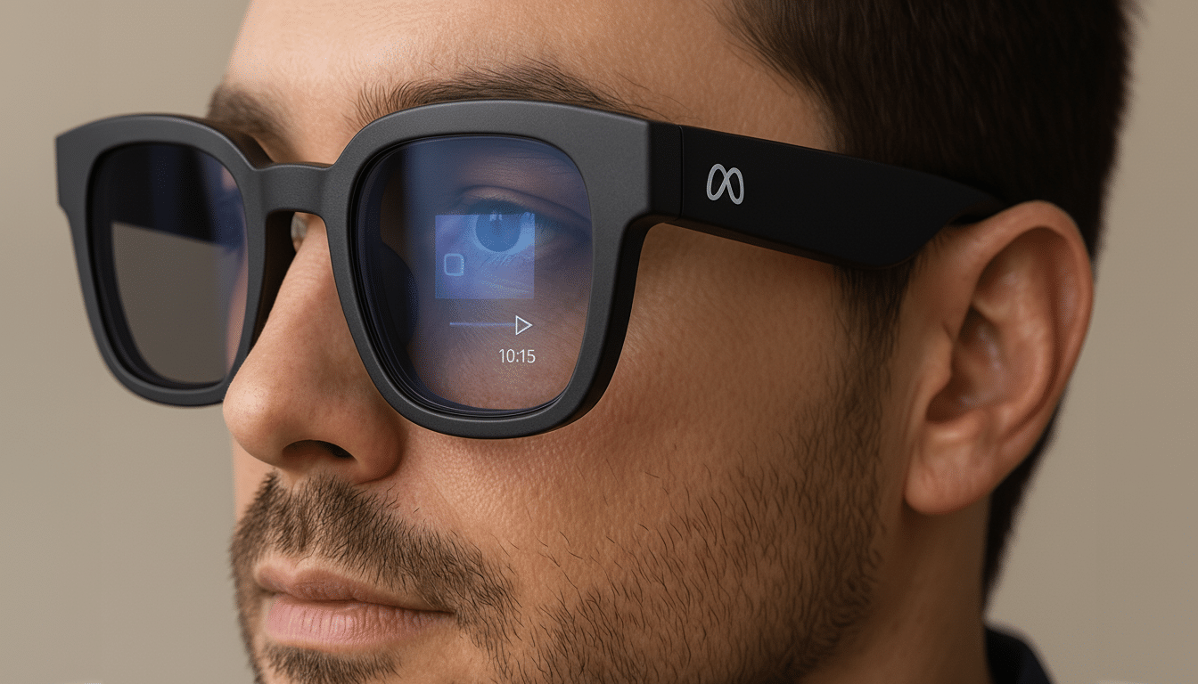 A man wearing black smart glasses, with a display showing a video playback interface visible in the right lens.