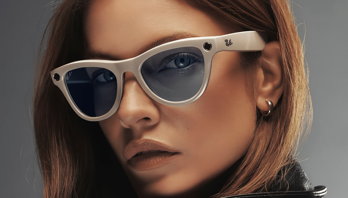 A woman wearing white Ray- Ban smart glasses with dark lenses, looking directly at the viewer . Her hair is brown , and she has a serious expression. Filename : woman rayban smartglasses . png