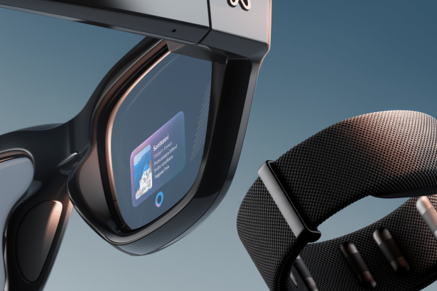 Close -up of black smart glasses displaying a Santorini notification and a black smart wrist band. Filename : smartglasses wrist band. png