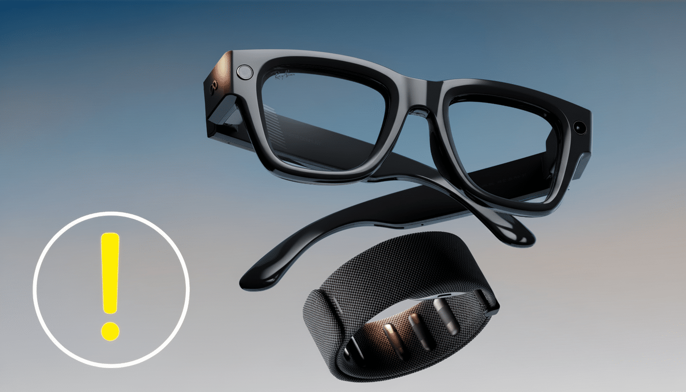 Black smart glasses and a black fitness tracker with an exclamation mark icon on a gradient background .