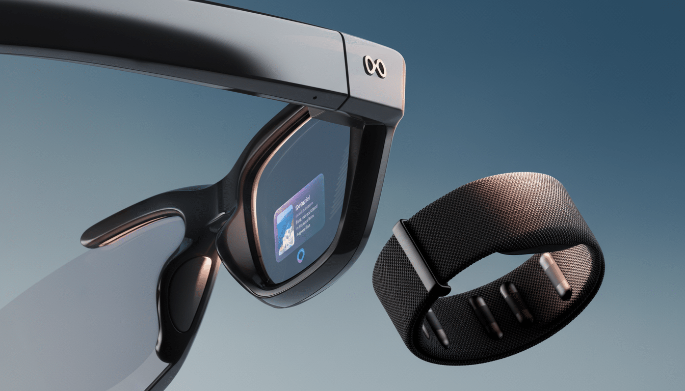 A close -up shot of black smart glasses displaying a Santorini notification , next to a black smart wrist band, against a soft blue background.