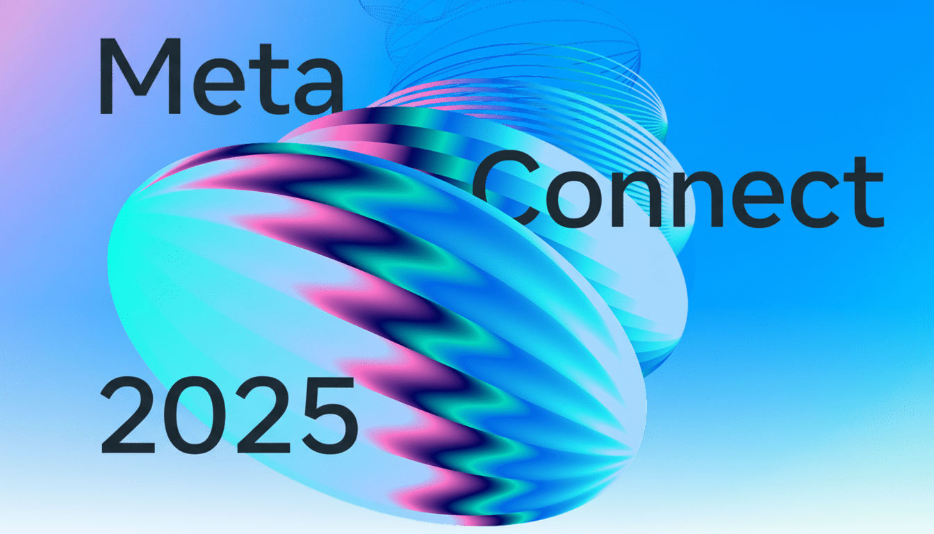 The text Meta Connect 2025 is superimposed over abstract , swirling shapes in shades of blue, pink , and green . The background is a smooth gradient transitioning from light purple to sky blue. Filename : metaconnect 202 5abstract design .png