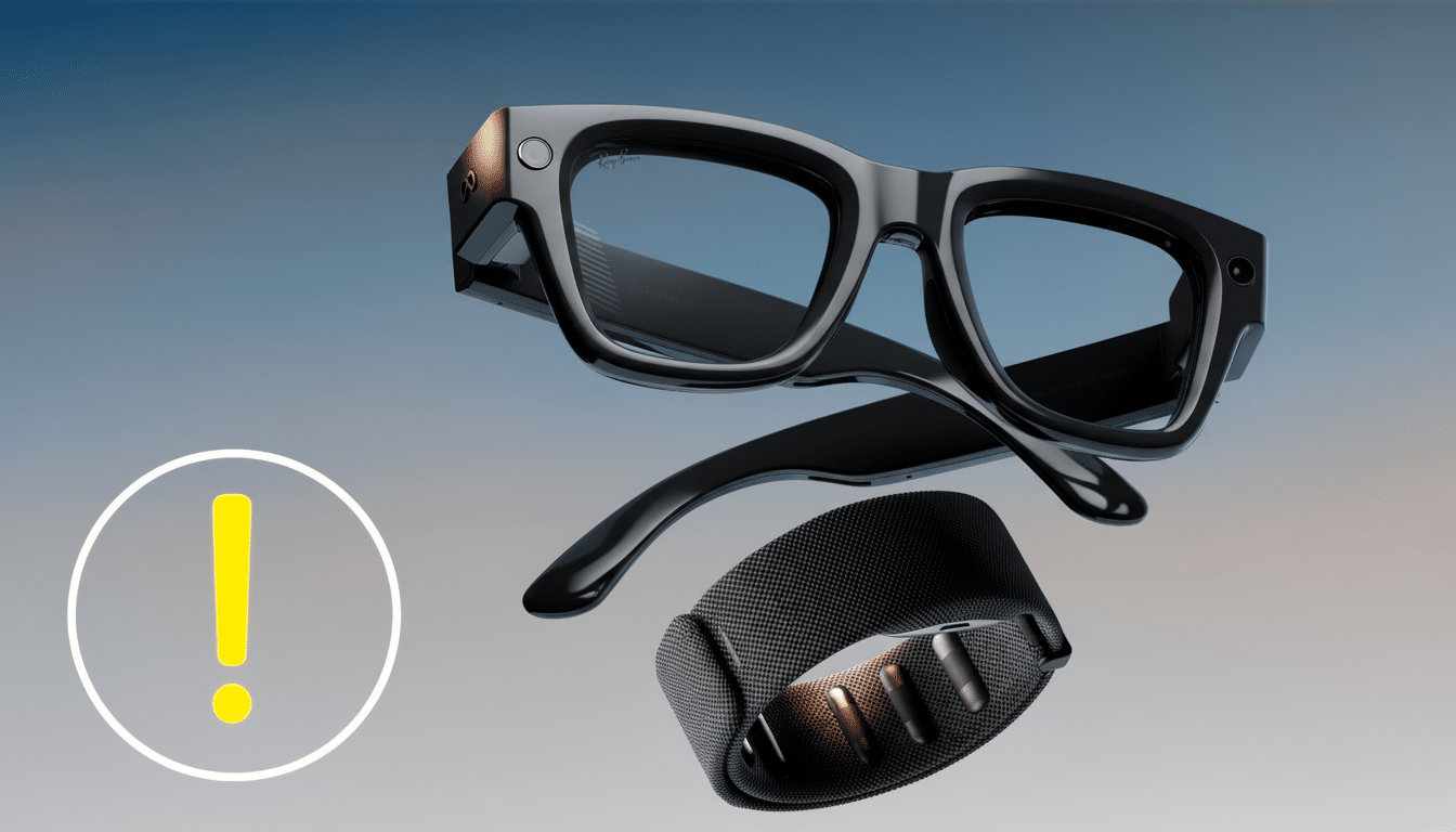 Black smart glasses with a companion wrist band and a yellow exclamation mark icon.