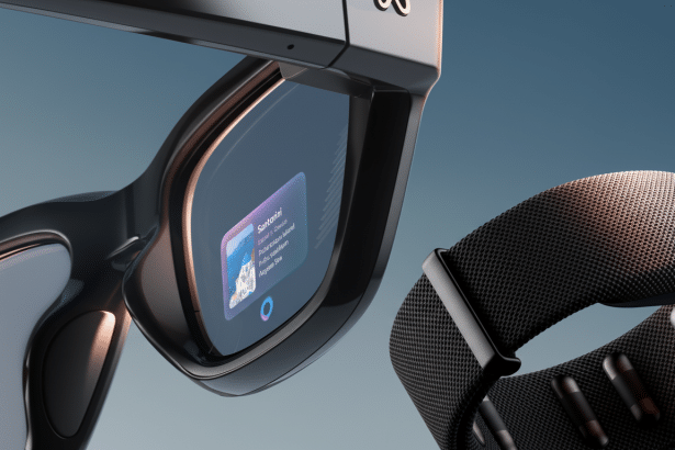 A close-up, enhanced view of black augmented reality glasses with a holographic display showing a travel app , paired with a matching black smart band , against a blue background. Filename : arglasses smart band1 69. png