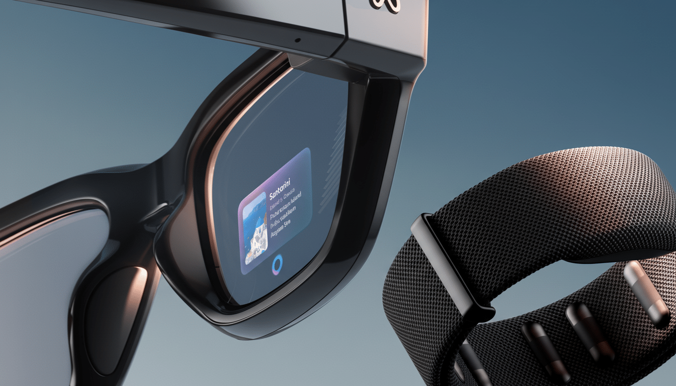 A close-up, enhanced view of black augmented reality glasses with a holographic display showing a travel app , paired with a matching black smart band , against a blue background. Filename : arglasses smart band1 69. png