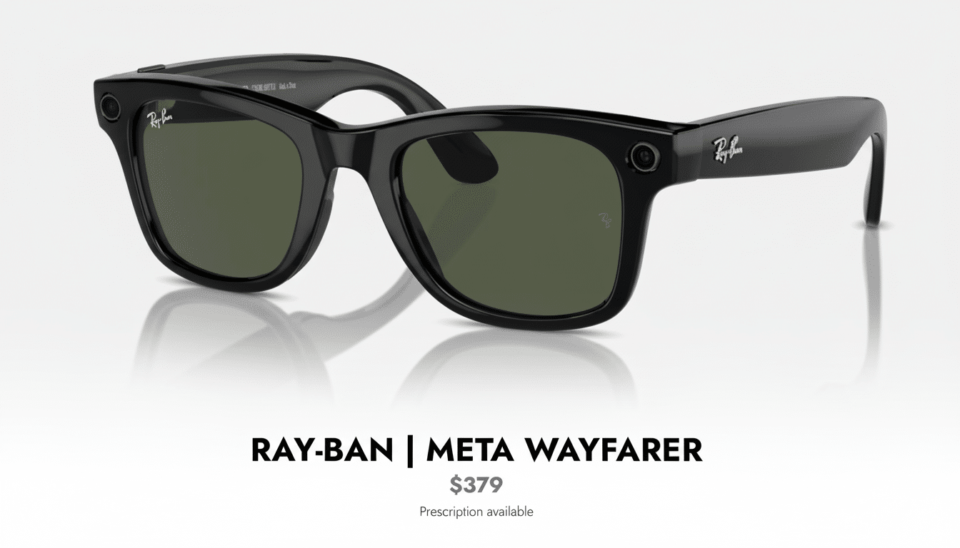 Ray -Ban Meta Way farer smart glasses displayed in a 16:9 aspect ratio, with a professional and clean presentation.