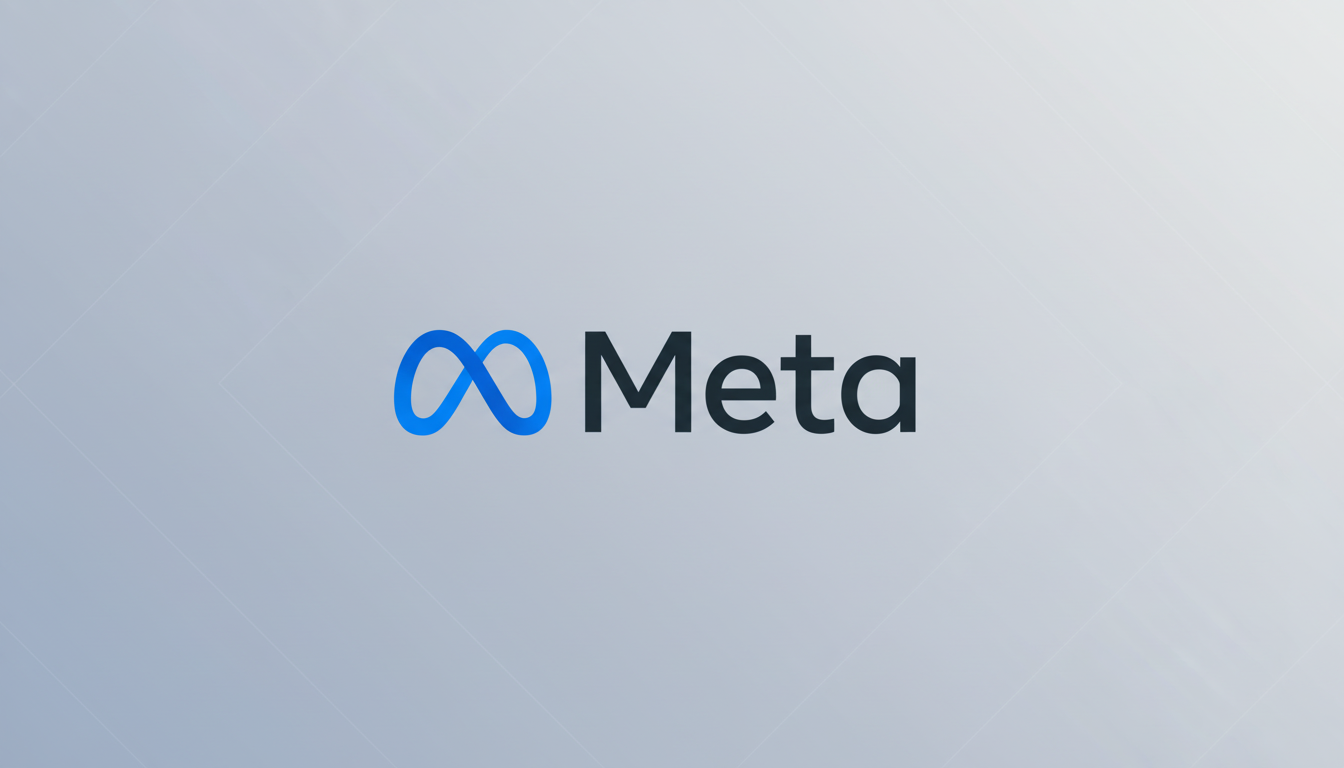 The Meta logo, featuring a blue infinity symbol next to the word Meta in dark gray, presented on a professional light gray background with subtle geometric patterns.