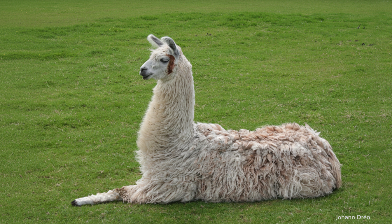 A white and brown llama with shaggy wool lies on a vibrant green grassy field, looking to the left.