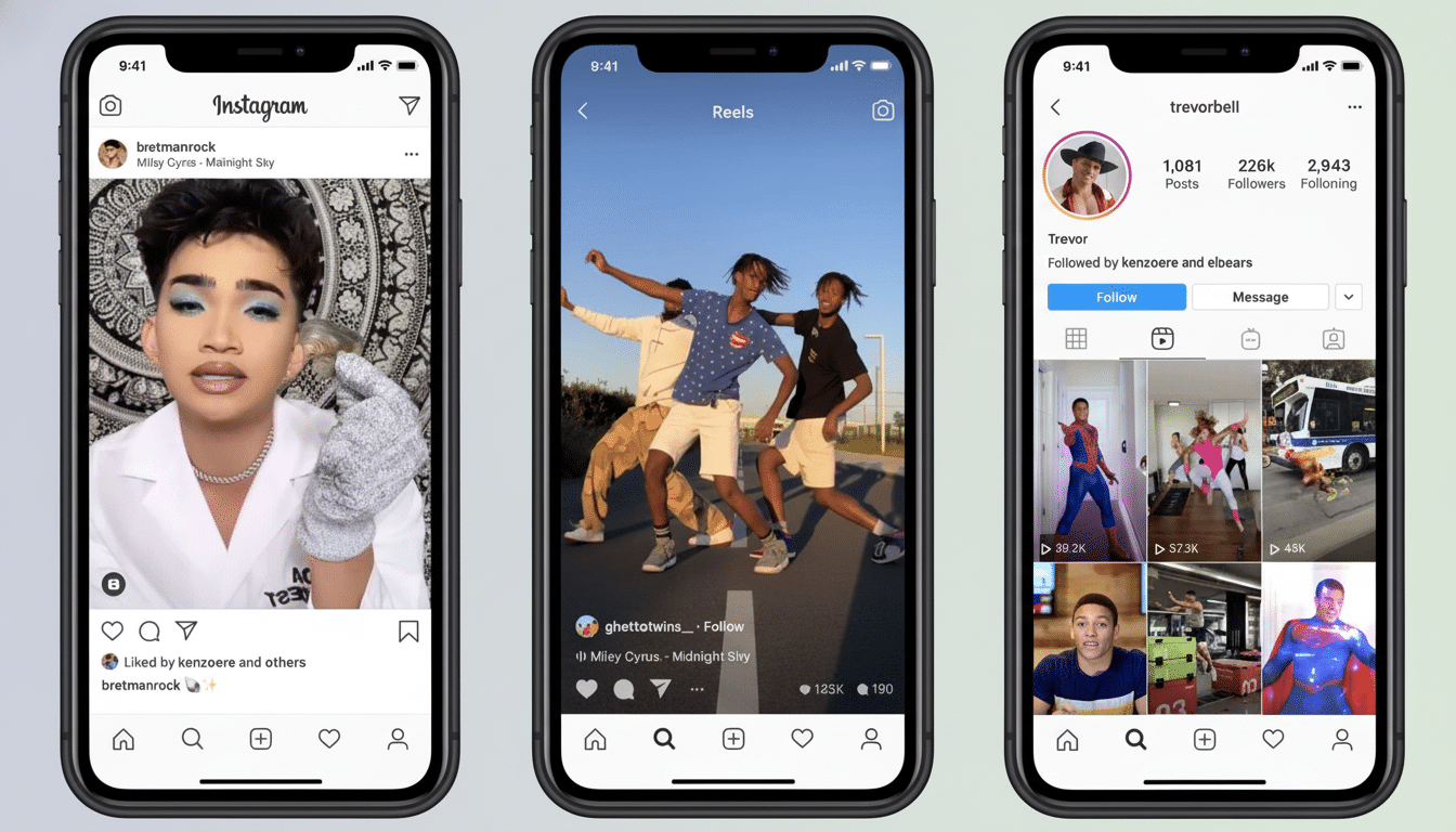 Three smartphones displaying Instagram screens . The left screen shows a selfie of a person with dramatic makeup. The middle screen displays a video of three people dancing outdoors . The right screen shows a user profile with various video thumbnails.