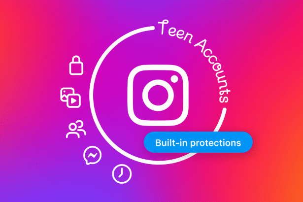 ** An image featuring the Instagram logo at the center, surrounded by icons representing security , content , privacy, messaging, and time management , all within a circular outline that reads Teen Accounts . A blue button below the logo states Built-in protections. The background is a vibrant gradient of pink, purple , and orange. **
