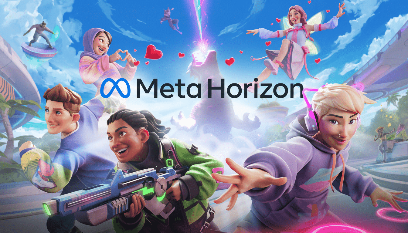 Meta Horizon key art featuring diverse characters in a vibrant, futuristic landscape, with the Meta Horizon logo prominently displayed.