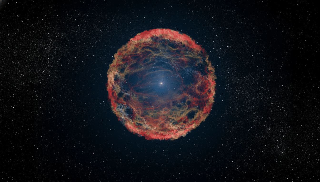 An artistic rendering of a supernova remnant, featuring a spherical cloud of gas and dust in shades of red, orange, and blue, with a bright star at it