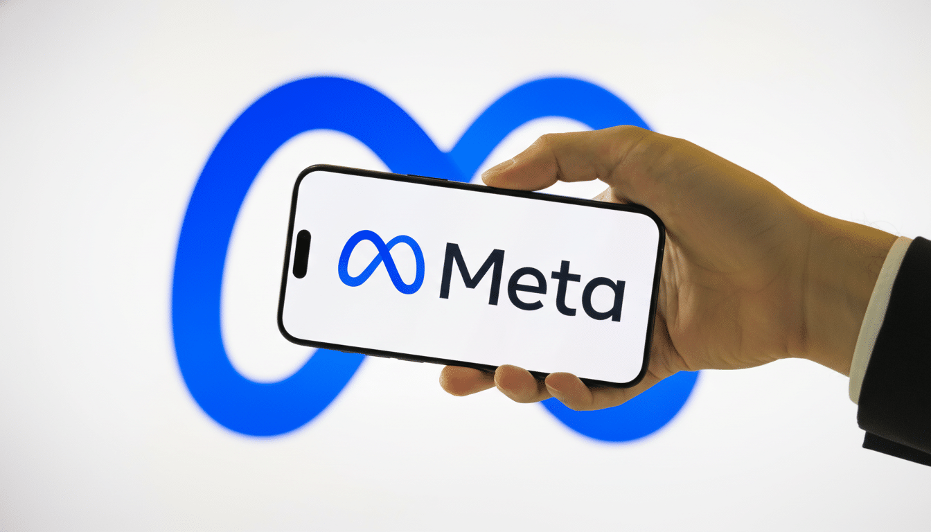 A hand holding a smartphone displaying the Meta logo, with a larger, blurred Meta logo in the background.